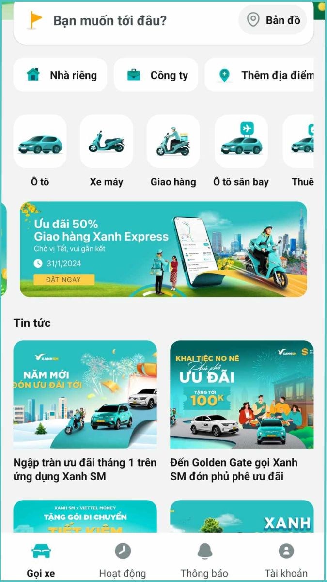 Xanh SM - Ứng dụng gọi xe điện taxi Vinfast trên điện thoại