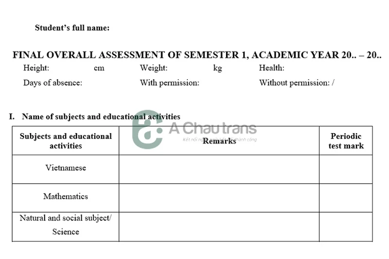 Mẫu dịch học bạ sang tiếng Anh các cấp học