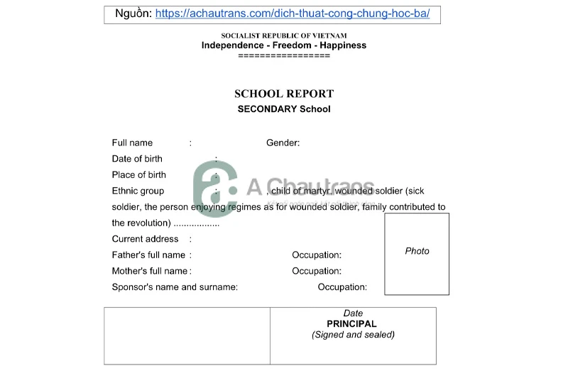 Mẫu dịch học bạ sang tiếng Anh các cấp học